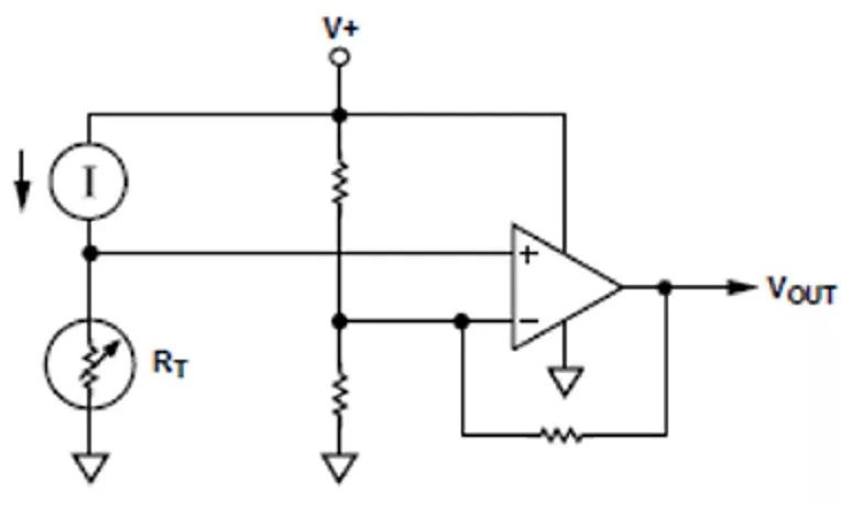 图3：AD22100的功能框图显示了如何通过其内部运算放大器，将温度相关的电流输出转换为精确定标的电压。（图片来源：Analog Devices）