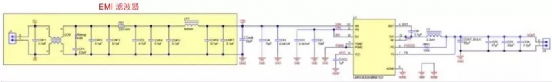图3：展示EMI滤波器和LMR33630-Q1降压转换器的原理示意图