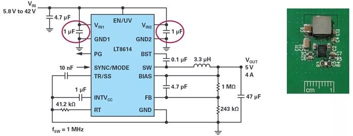 图6. 典型的Silent Switcher应用原理图及其在PCB上的外观。