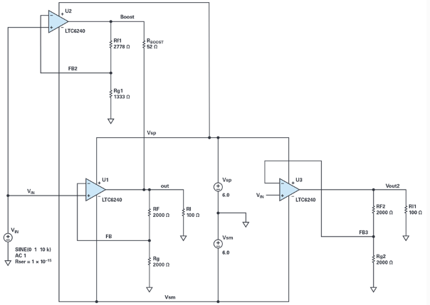 图12. 增强型放大器与独立放大器的模拟设置。